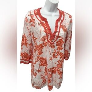 J.Crew Tunic Tropical Floral Print 3/4 Sleeves Cotton Size Medium White Orange
